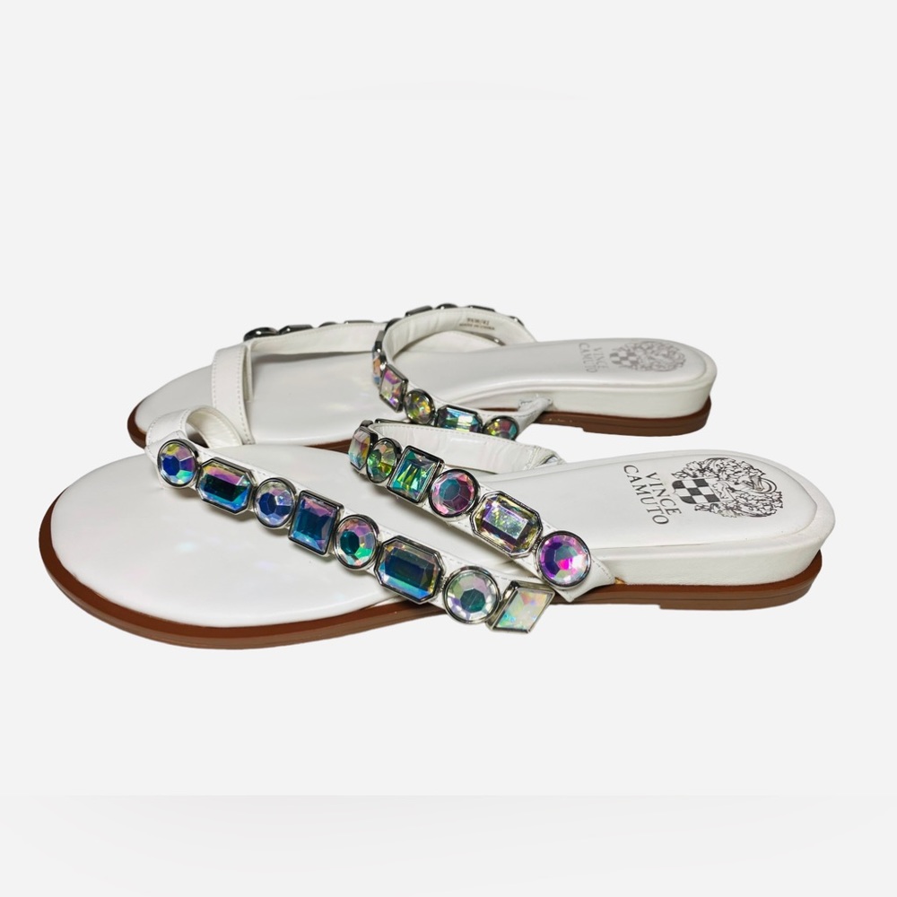 Vince Camuto Bejeweled Sandals Ambridil White Leathers shoes Toe Loop - Picture 4 of 10